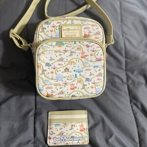Loungerfly Disney  light green and tan crossbody bag with mini card wallet